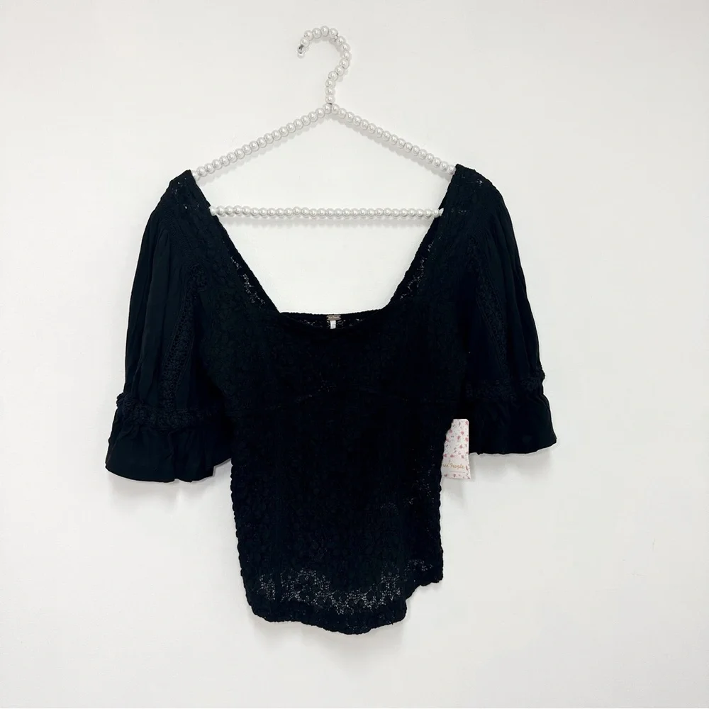 Free People Spring Fling Lace Short Sleeve Top in Black - Picture 2 of 6